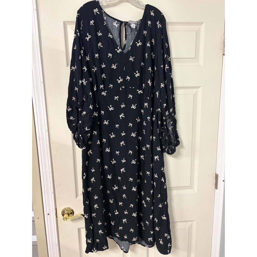Ava & Viv Black White Bow Print V-Neck Long Sleeve Midi Dress Plus Size 2X
